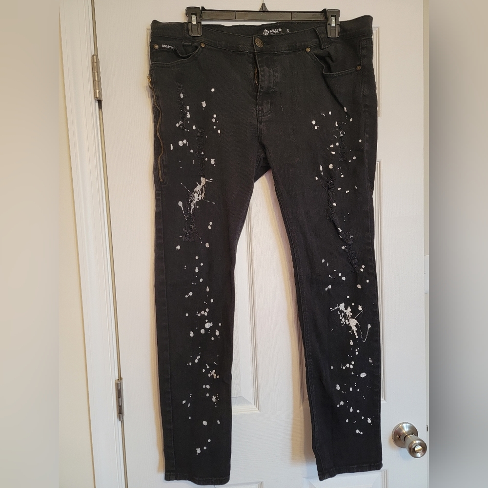 Jeans, size 40, black with white paint speckles